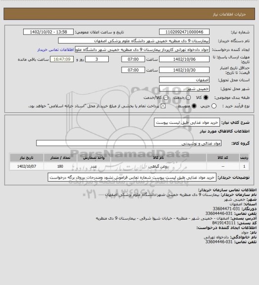 استعلام خرید مواد غذایی طبق لیست پیوست