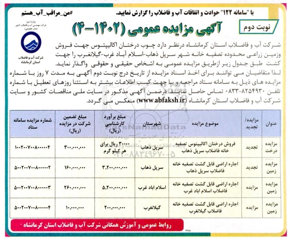 مزایده فروش درختان اکالیپتوس تصفیه خانه فاضلاب و ...نوبت دوم