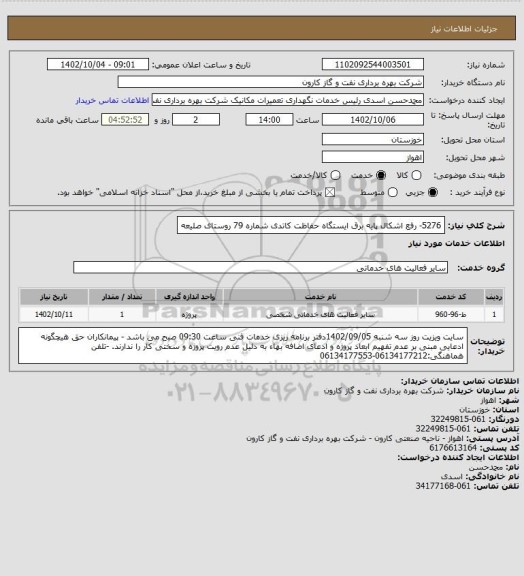 استعلام 5276- رفع اشکال پایه برق ایستگاه حفاظت کاتدی شماره 79 روستای صلیعه