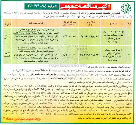 مناقصه بهسازی و مناسب سازی نهر و جدول و پیاده رو خیابان .....