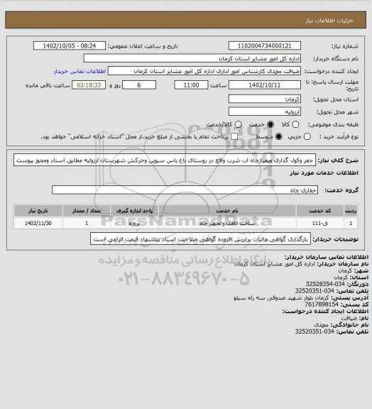 استعلام حفر وکول گذاری وپمپاژچاه اب شرب واقع در روستای باغ یاس سیوین وخرکش شهرستان ارزوئیه مطابق اسناد ومجوز پیوست