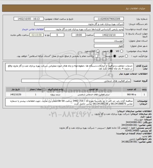 استعلام خدمات حفاظت و مراقبت از ابزارآلات،دستگاه ها ،خطوط لوله و چاه های حوزه عملیاتی شرکت بهره برداری نفت و گاز مارون واقع در مارون 4 دی  ماه 1402 تکرار اول