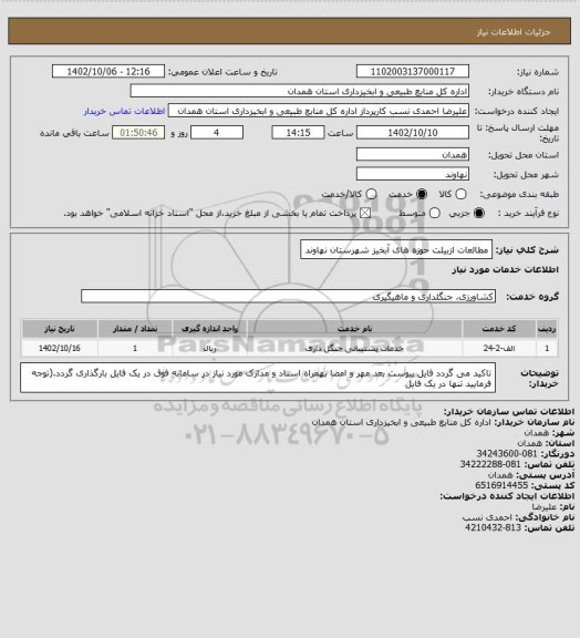 استعلام مطالعات ازبیلت حوزه های آبخیز شهرستان نهاوند