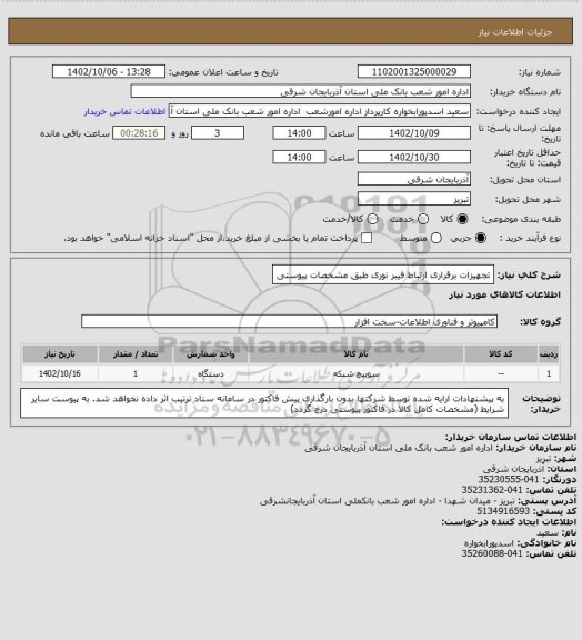 استعلام تجهیزات برقراری ارتباط فیبر نوری طبق مشخصات پیوستی