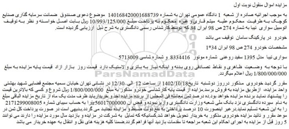 مزایده فروش خودرو سواری تیبا  مدل 1395 سفید روغنی