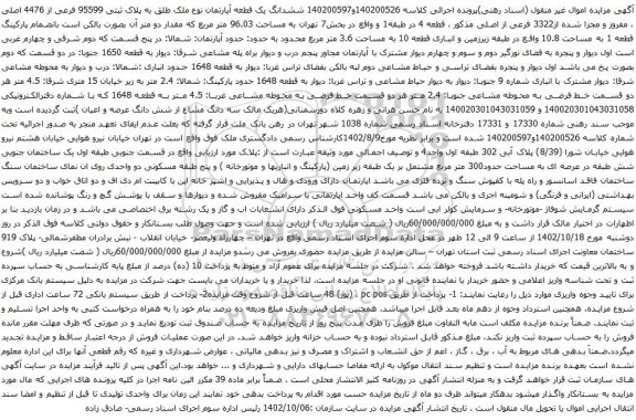 آگهی مزایده ششدانگ یک قطعه آپارتمان نوع ملک طلق به پلاک ثبتی 95599 فرعی از 4476 اصلی ، مفروز و مجزا شده از3322 فرعی از اصلی