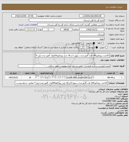 استعلام 18عدد پروژکتور100 وات گلنور مدل سهیل 2 و 18 عدد پروژکتور220وات گلنور مدل اریل 4