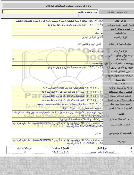 مناقصه, خرید لوله چدن داکتیل ضد زلزله از سایز ۲۰۰ تا ۵۰۰ میلیمتر مطابق با استانداردهای مربوطه و ساخت ایران