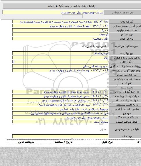 مناقصه, خرید ۵۰۰۰ دستگاه کنتور تک فاز دیجیتالی چند تعرفه هوشمند(ریلی)