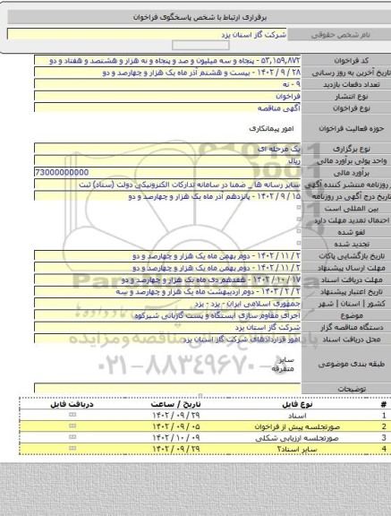 مناقصه, اجرای مقاوم سازی ایستگاه و پست گازبانی شیرکوه