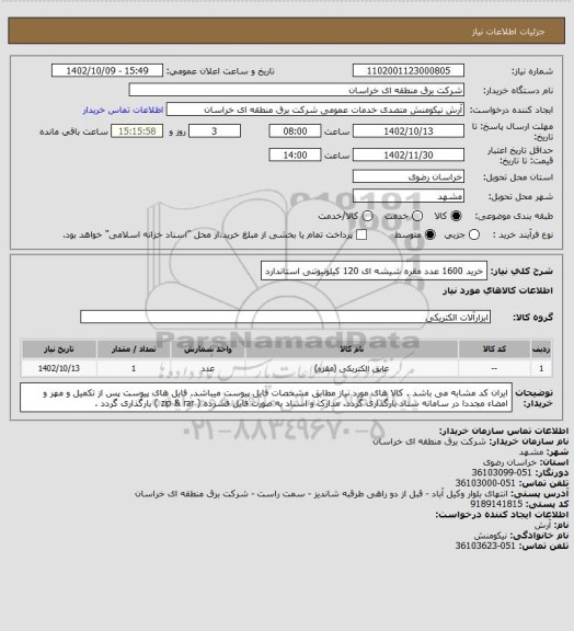 استعلام خرید 1600 عدد مقره شیشه ای 120 کیلونیوتنی استاندارد