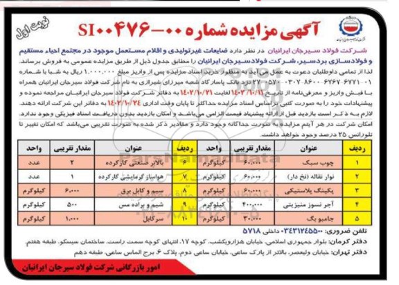 مزایده قطعات خام و عمومی راکد