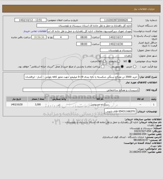 استعلام خرید 3500 تن مصالح سنگی شکسته با دانه بندی 19-0 میلیمتر جهت محور کافه بلوچی - آشار - ایرافشان