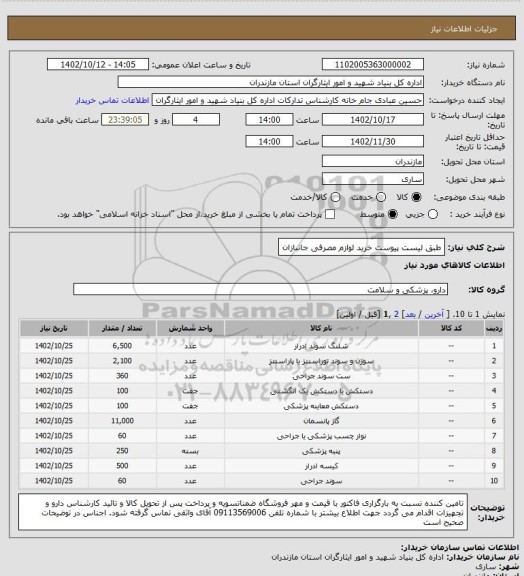 استعلام طبق لیست پیوست خرید لوازم مصرفی جانبازان