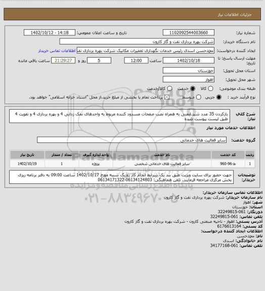 استعلام بازکردن 35 عدد شیر ایمنی به همراه نصب صفحات مسدود کننده مربوط به واحدهای نمک زدایی 4 و بهره برداری 4 و تقویت 4 طبق لیست پیوست شده