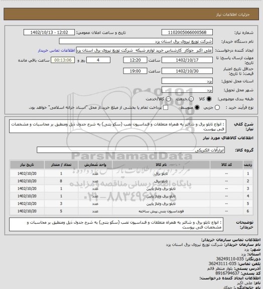 استعلام : انواع تابلو برق و شالتر به همراه متعلقات و فنداسیون نصب (سکو بتنی) به شرح جدول ذیل ومنطبق بر  محاسبات و مشخصات فنی پیوست