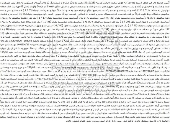 آگهی مزایده مقدار دو دانگ مشاع از ششدانگ یک واحد آپارتمان مسکونی به پلاک ثبتی چهارهزار و نهصد و هشتاد و نه فرعی از یکصد و بیست و هفت اصلی