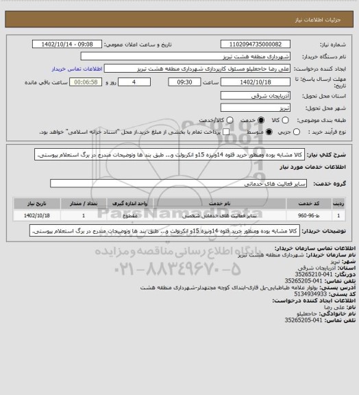 استعلام کالا مشابه بوده ومنظور خرید قلوه 14ونیزه 15و انکربولت و... طبق بند ها وتوضیحات مندرج در برگ استعلام پیوستی.