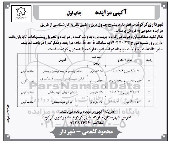 مزایده فروش 4 قطعه زمین 