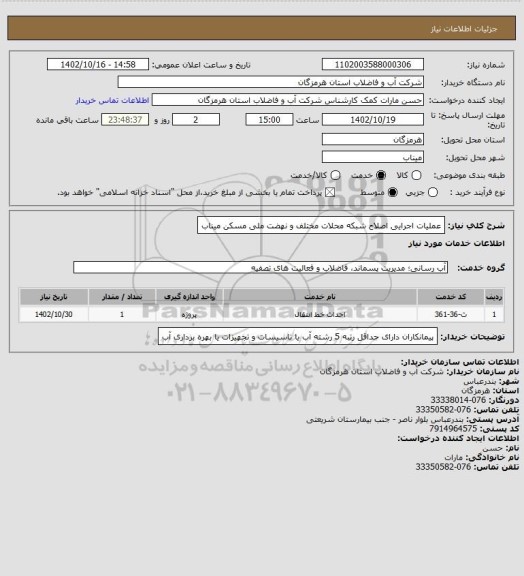 استعلام عملیات اجرایی اصلاح شبکه محلات مختلف و نهضت ملی مسکن میناب