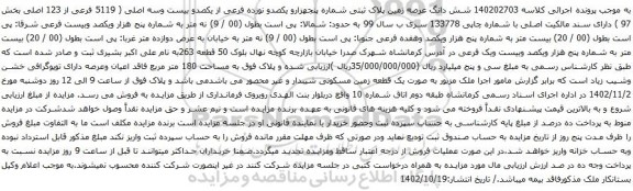 آگهی مزایده شش دانگ عرصه زمین پلاک ثبتی شماره پنجهزارو یکصدو نوزده فرعی از یکصدو بیست وسه اصلی ( 5119 فرعی از 123 اصلی بخش 97 