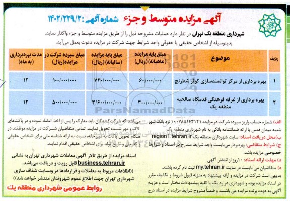 مزایده بهره برداری از مرکز توانمندسازی کوثر شطرنج ..