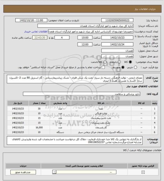 استعلام  عصای ارنجی  - توالت فرهنگی دسته دار سیار- تخت یک شکن  فلزی - تشک ریباندبیمارستانی  - گاز استریل 80 عدد 2- اکسیژن ساز( اکساز یا نفس یار طب) 5 لیتری