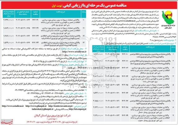 مناقصه واگذاری عملیات مربوط به برون سپاری بهره برداری، اتفاقات و تعمیر و ...