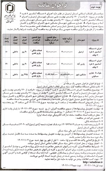 مناقصه اجرای 8 دستگاه آسانسور 8 نفره 6 توقف در پروژه 80 واحد از 170 واحدی نهضت ملی مسکن و...- نوبت دوم