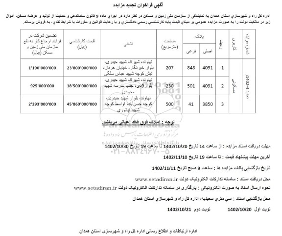 تجدید مزایده فروش سه ملک مسکونی به مساحت 207، 230 و 500 مترمربع 