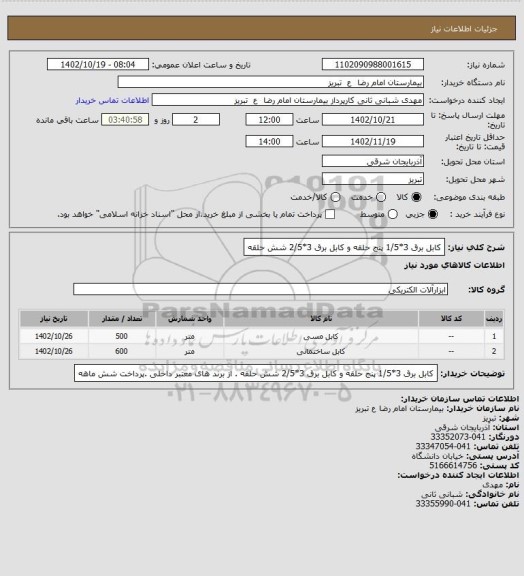 استعلام کابل برق 3*1/5 پنج حلقه و کابل برق 3*2/5 شش حلقه