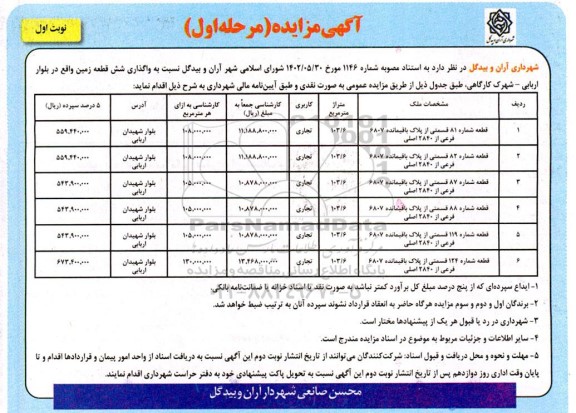 مزایده واگذاری شش قطعه زمین 