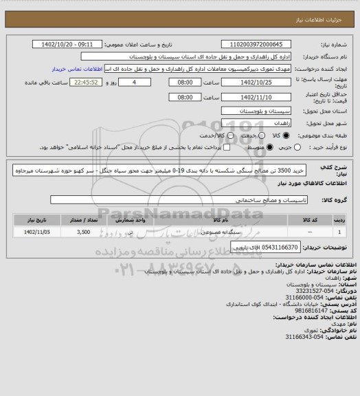 استعلام خرید 3500 تن مصالح سنگی شکسته با دانه بندی 19-0 میلیمتر جهت محور سیاه جنگل - سر کهنو حوزه شهرستان میرجاوه