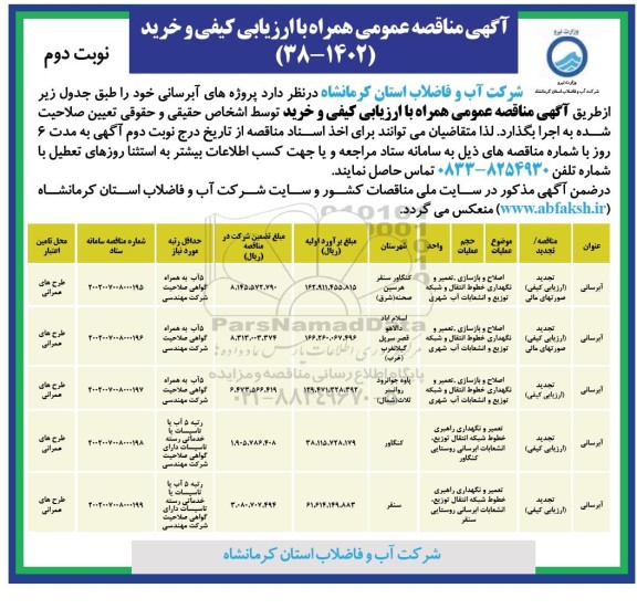 تجدید مناقصه پروژه های آبرسانی ...- نوبت دوم