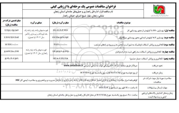 فراخوان مناقصه بهسازی 10/440 کیلومتر از محور روستایی ....