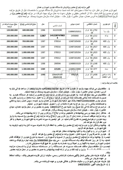 مزایده حراج حضوری فروش 9 دستگاه خودرو 