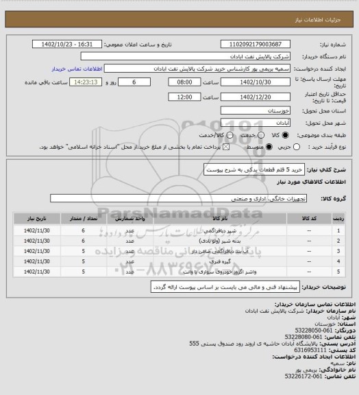 استعلام خرید 5 قلم قطعات یدکی به شرح پیوست