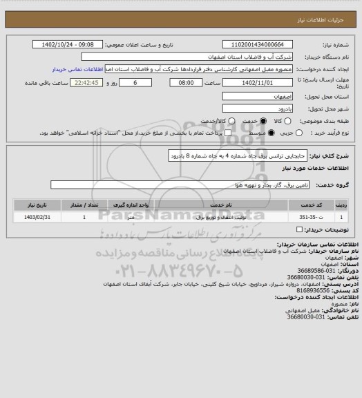 استعلام جابجایی ترانس برق چاه شماره 4 به چاه شماره 8 بادرود