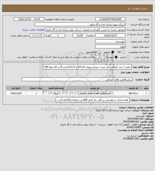 استعلام تعمیر 2 عدد گیربکس فن مبدل حرارتی پروپان E411E و E411F واحد گاز و گاز مایع 400