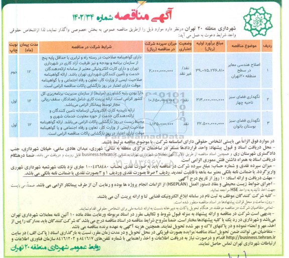 مناقصه اصلاح هندسی معابر در سطح منطقه و...