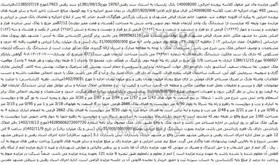 آگهی مزایده ششدانگ یک واحد آپارتمان طبقه دوم جنوبی واحد شش به مساحت (هشتاد و هفت ممیز دوازده) 87/12متر مربع 