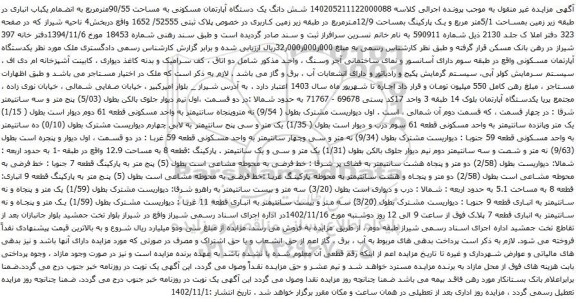 آگهی مزایده شش دانگ یک دستگاه آپارتمان مسکونی به مساحت 90/55مترمربع