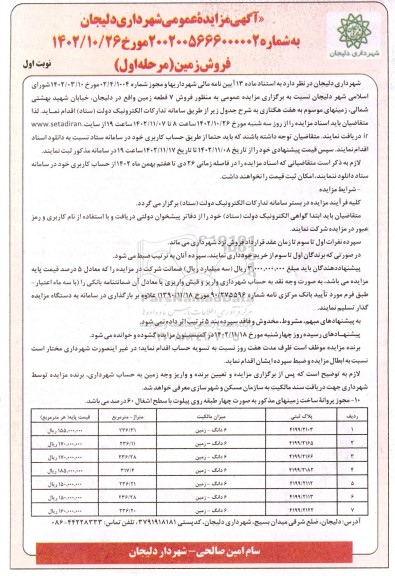 مزایده فروش 7 قطعه زمین به پلاک ثبتی 4197.2103 و 4197.2165 و 4197.2166 و ....