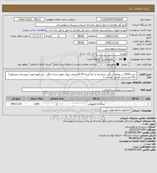 استعلام خرید 3500 تن مصالح سنگی شکسته با دانه بندی 19-0 میلیمتر جهت محور سیاه جنگل - سر کهنو حوزه شهرستان میرجاوه ( ارائه فرم بازدید الزامی میباشد )