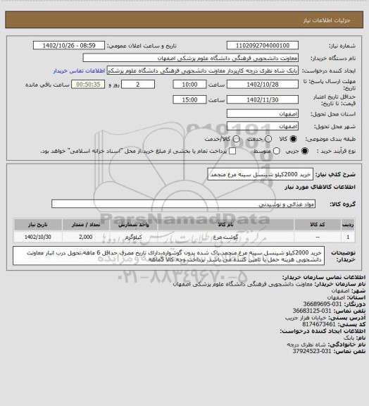 استعلام خرید 2000کیلو شینسل سینه مرغ منجمد