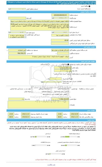 مناقصه، مناقصه عمومی همزمان با ارزیابی (یکپارچه) یک مرحله ای بهسازی و ایمن سازی و اصلاح شیب شیروانی در محورهای (پل بهادرآباد–رودبار–ایرانشهر کیلومتر65-8) (قلعه گنج – ای