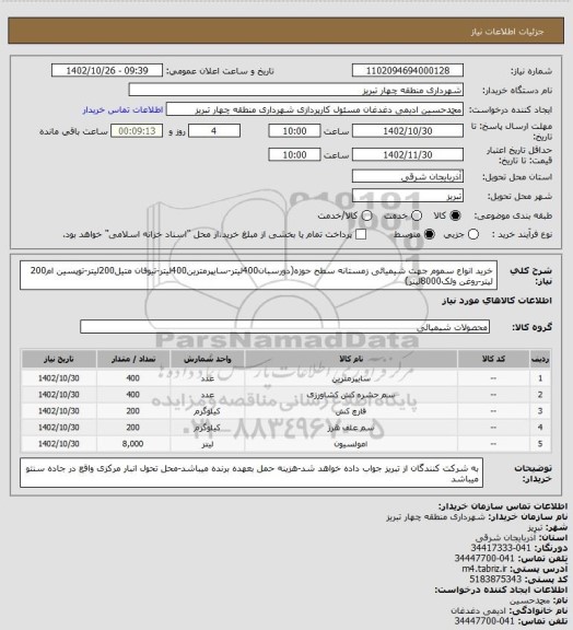 استعلام خرید انواع سموم جهت شیمیائی زمستانه سطح حوزه(دورسبان400لیتر-سایپرمترین400لیتر-تیوفان متیل200لیتر-توپسین ام200 لیتر-روغن ولک8000لیتر)