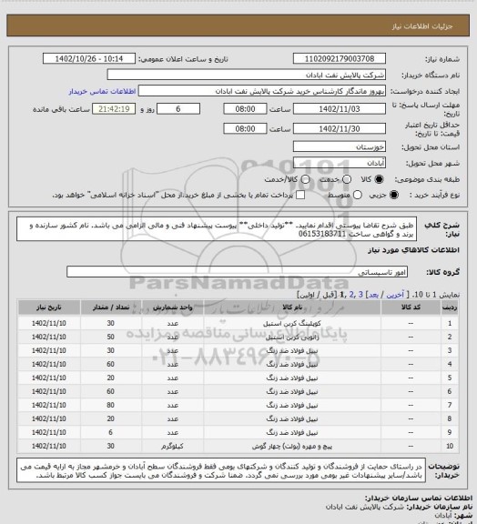 استعلام طبق شرح تقاضا پیوستی اقدام نمایید.
**تولید داخلی**
پیوست پیشنهاد فنی و مالی الزامی می باشد.
نام کشور سارنده و برند و گواهی ساخت 
06153183711