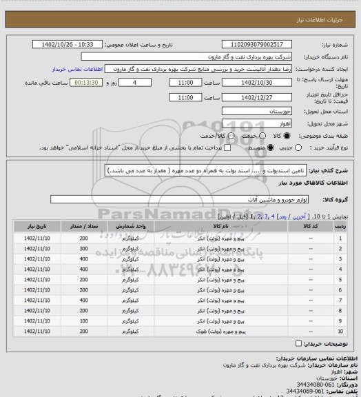 استعلام تامین استدبولت و...... استد بولت به همراه دو عدد مهره  ( مقدار به عدد می باشد.)