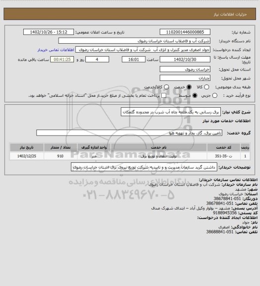 استعلام برق رسانی به یک حلقه چاه آب شرب در محدوده گلمکان